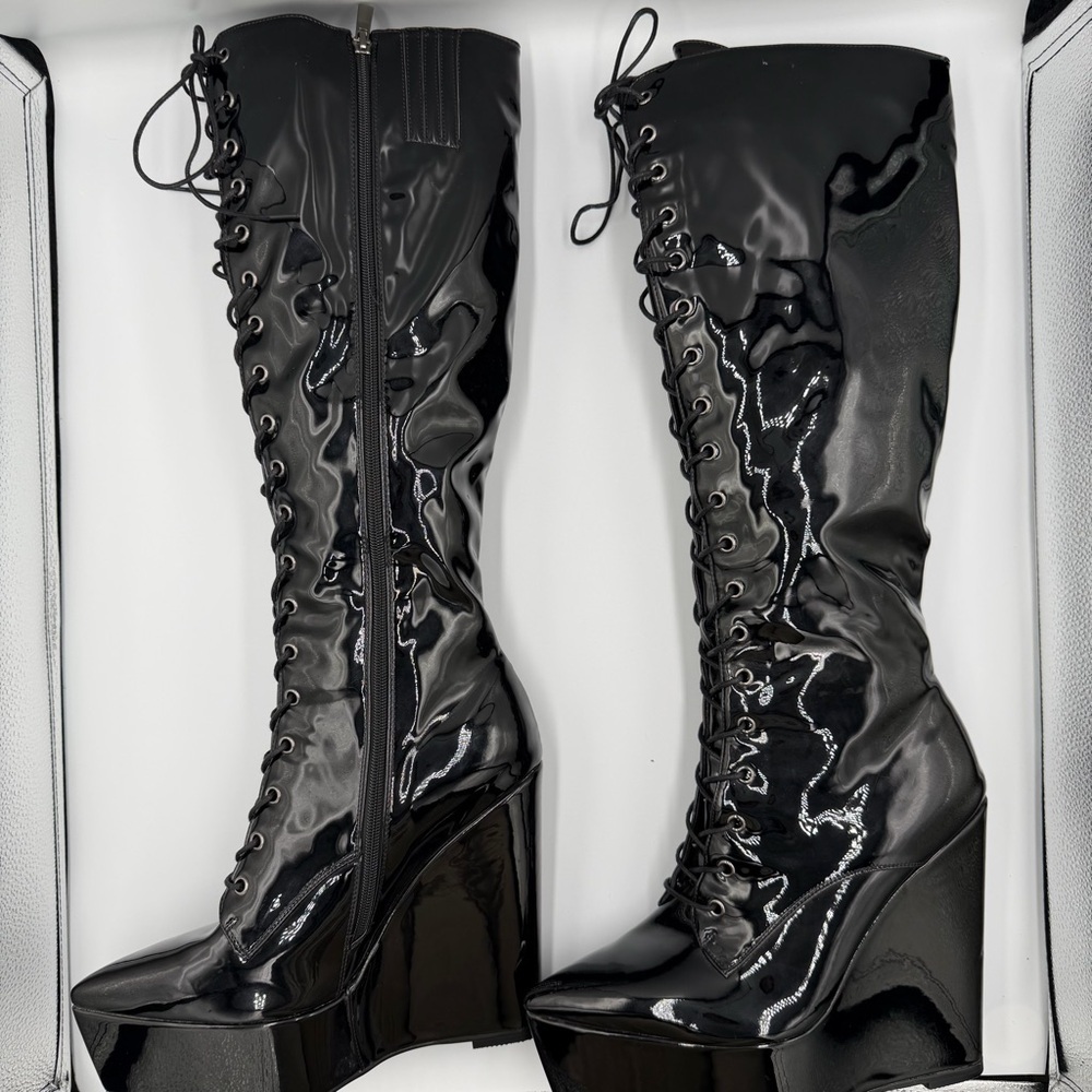 Black Pointed Platform Lace Up Zip Side Knee High Whimsigoth Goth Punk Boot 10